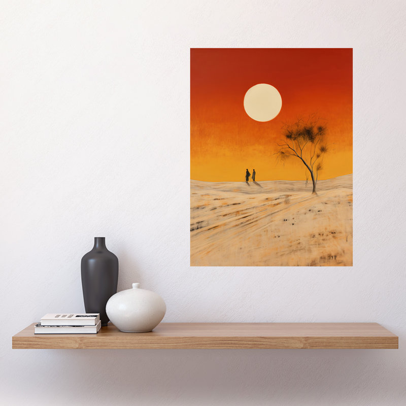 Wall Art Print Desert Landscape Sunset Sun Oil Painting Amber Orange Windswept Dunes Poster