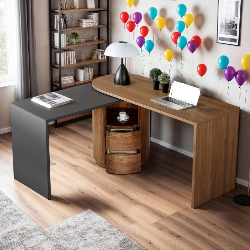 Bureau de direction en L noyer et gris foncé pivotant à 360 ° 59 po