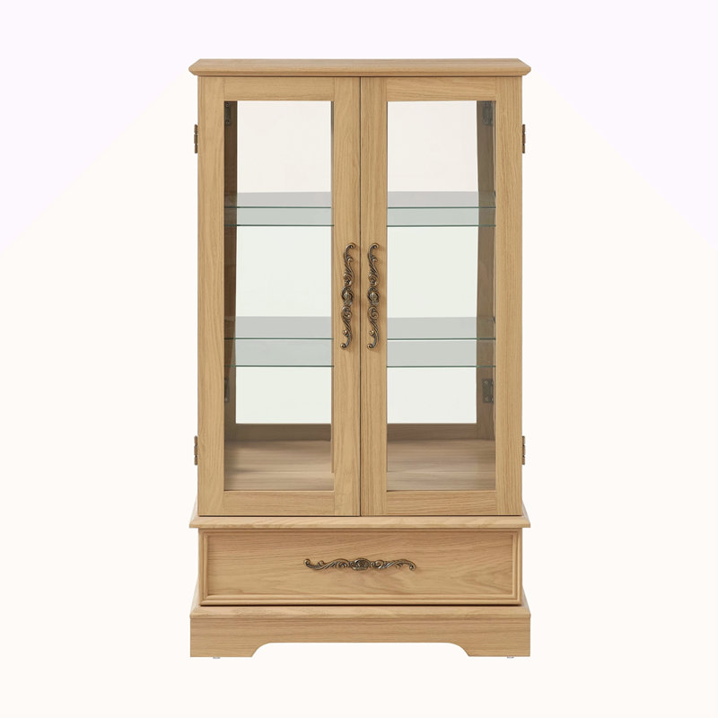 Lighted Glass Curio Cabinet With Adjustable Shelves, Oak, No