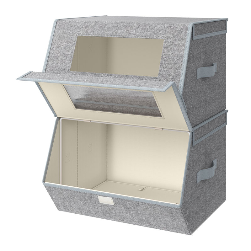 Stackable Storage Bins Set Of 2, Storage Boxes With Lids And Windows, Non-Woven Fabric Closet Organizers With Magnetic Closures, Side Handles