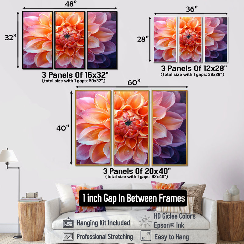 Ensemble de décoration murale Radiant Dahlia la nuit II - Dahlia, Toile avec cadre flottant noir, H 28 po x l 36 po x P 1 po