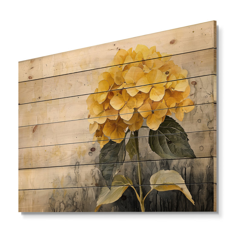 Hydrangées jaunes - foyer III - décoration murale en bois d'hortensias - sur bois de pin naturel, H 10 po x l 20 po