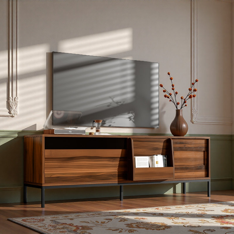 70.8'' Modern TV Stand For Tvs Up To 75 Inches, Entertainment Center With Storage Space, Sliding Doors, Adjustable Shelves And Metal Frame, Mid Century Modern Media TV Console Table For Living Room
