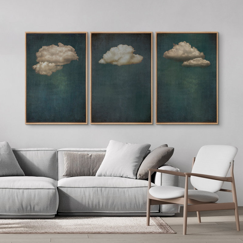 Ensemble de 3 reproductions sur toile flottantes sur fond de nuages abstrait bicolore bleu marine foncé, H 24 po x l 16 po