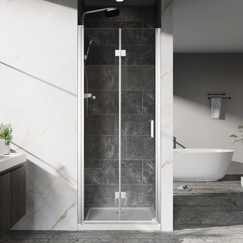 32 - 33 Inches Wide Bi Fold Pivot Shower Door With 1/4" Tempered Glass, Zinc Alloy Hinges, And Water Blocking Strips 72 In. High Swing 6Mm Corrosion Silent Switching Mechanism