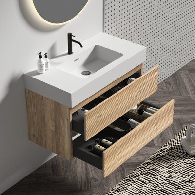 Mid - Century Modern Bathroom Vanity, 36" Rough Oak, One Piece Basin, Silent System, U Shaped Holes Wall Mounted Glossy Drawer, E0 Grade Finish