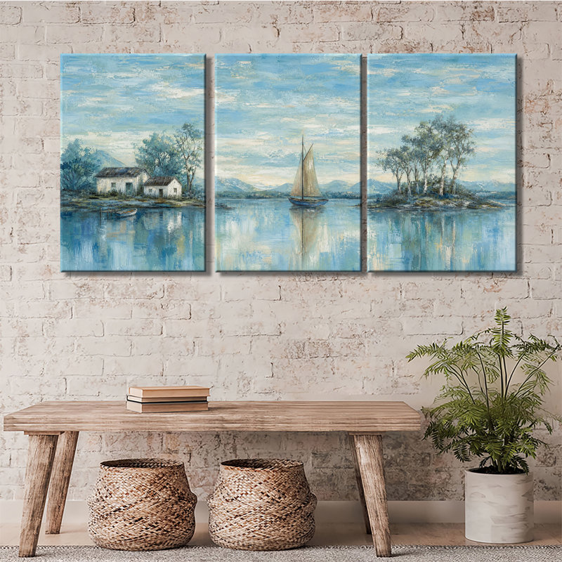 Toile, peinture à l'huile texturée, voilier au bord du lac, 20 * 30 pouces * 3