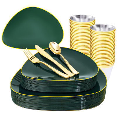 WELLIFE 180Pcs Green Plastic Plates Gold Silverware Dinnerware Set, Include: 30 Dinner & Dessert Plate,90 Plastic Cutlery,30 Cups