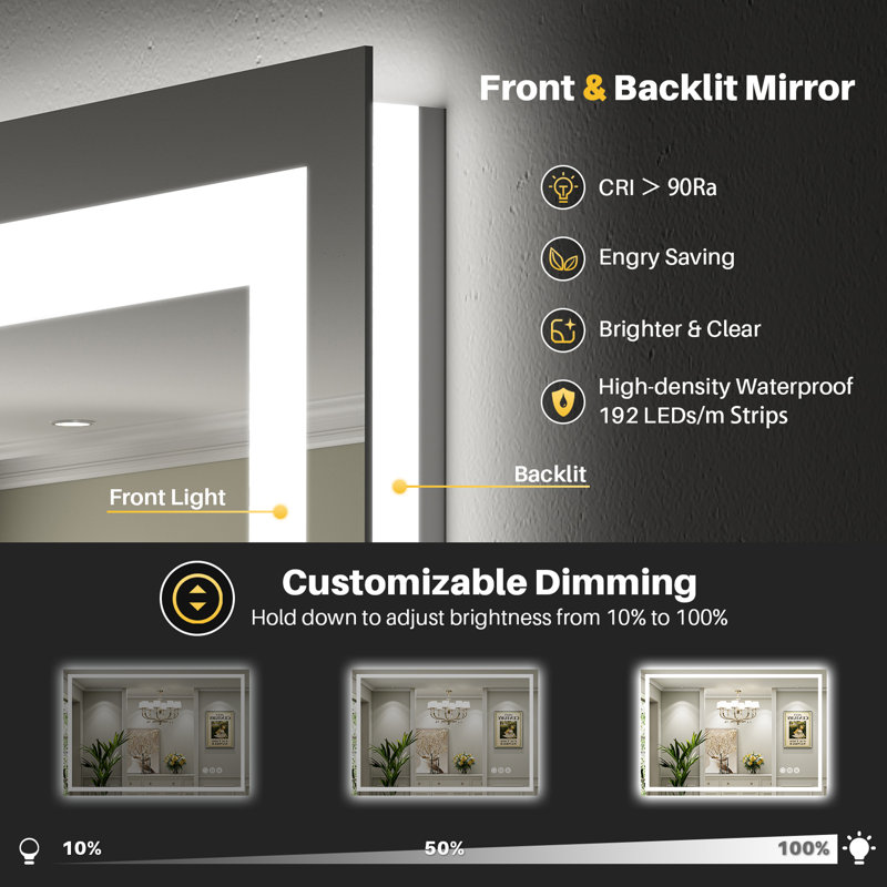 LED Bathroom Mirror with Lights, Backlit & Front Lit, Lighted Wall Mirrors for Bathroom Vanity, Touch Screen Dimmable, Anti-Fog, Memory Function, HD Tempered Glass, Shatter-Proof, ETL Listed