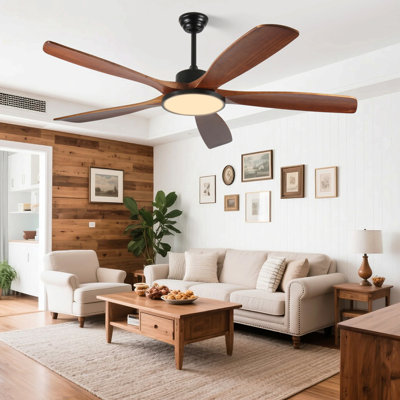 62-Inch Large Outdoor Ceiling Fan With Remote Control And Light With Three-Color Dimming, 5 Reversible Wooden Blades, Modern Garden, Patio, Farmhouse, Living Room And Bedroom Ceiling Fan