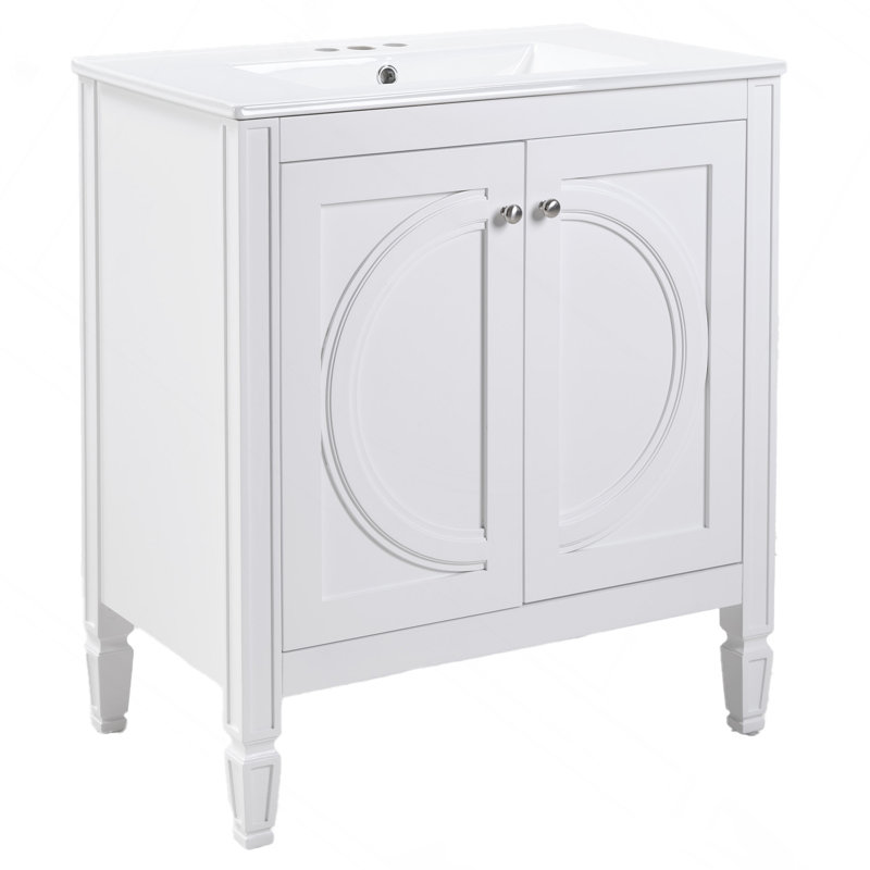 Meuble-lavabo blanc de 30 po sans assemblage requis avec lavabo en céramique, deux portes à fermeture en douceur et tablette réglable, style campagne moderne