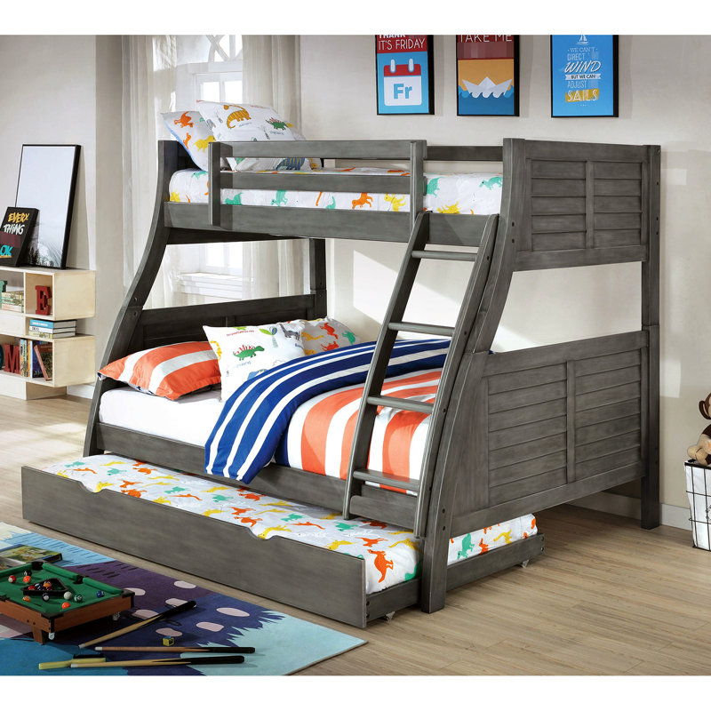 Lit simple superposé au-dessus d'un lit double, transitionnel, gris, réversible, tête de lit à panneaux avec garde-corps, garde-corps supérieur, bois massif, fini gris digne d'une chambre à coucher, combinaison de panneaux, avantage
