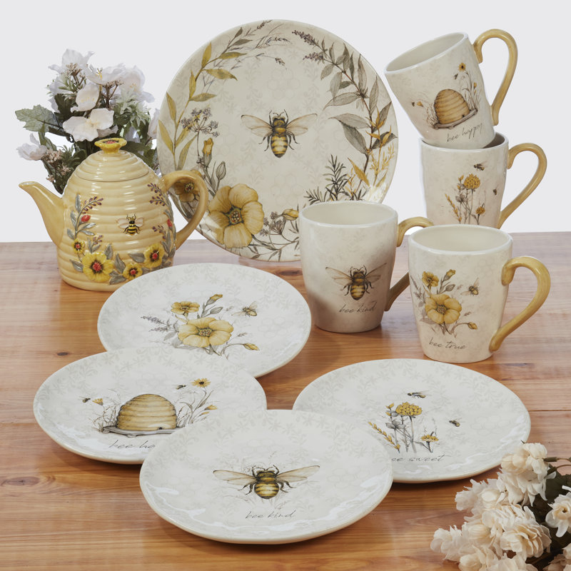 Bee Sweet White Ceramic Floral Print Mug Set of Four