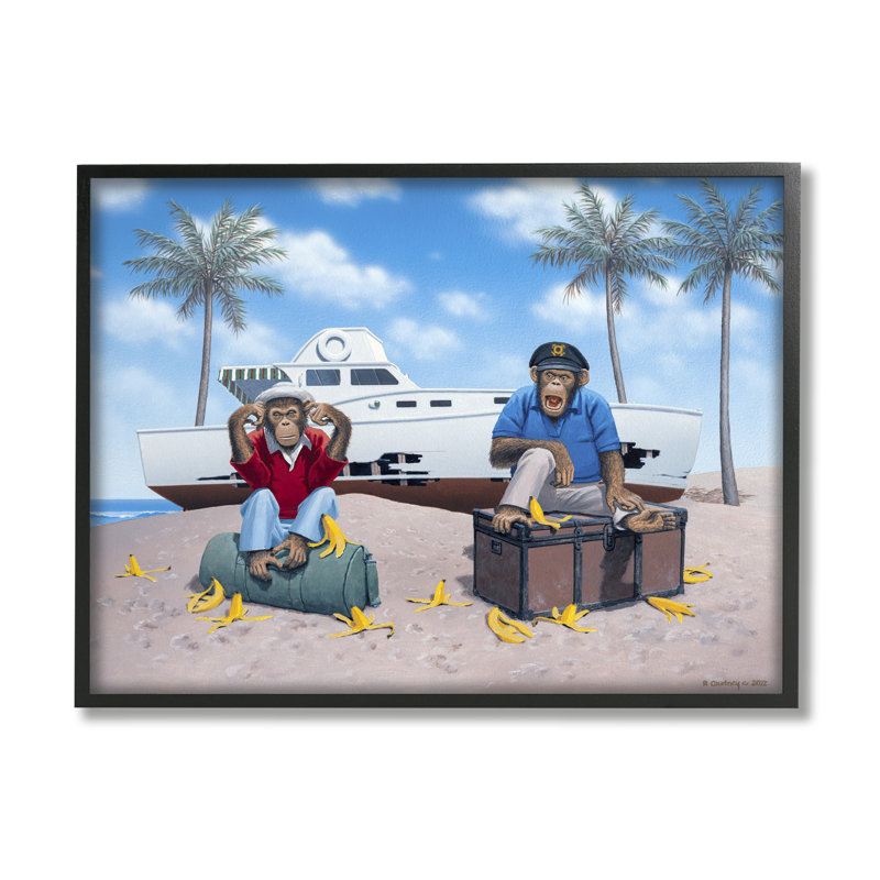 «Chimps & Yacht On Beach» encadré sur bois par Richard Courtney, peinture, Giclée encadrée noir minuit