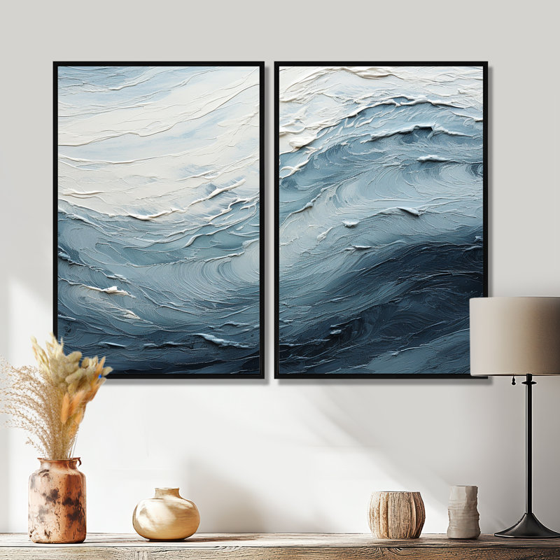 Minimalisme, peinture noire et bleue vague II - art mural côtier, 2 pièces, Impression encadrée flottante, Noir