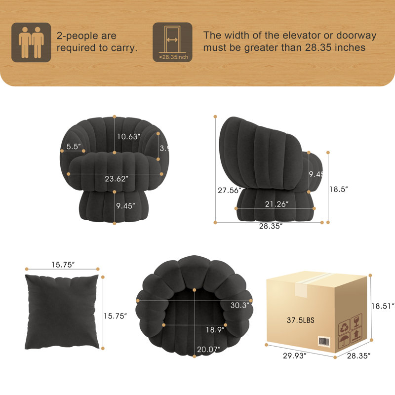 Fauteuil demi-tonneau rembourré rembourré avec coussin, Velours noir