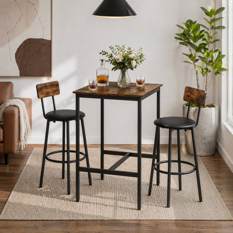3-Piece Bar Table Set for 2, 2-Tier Round Bistro Dining Table & PU Stools, Counter Height Table, Brown, Brown/Black