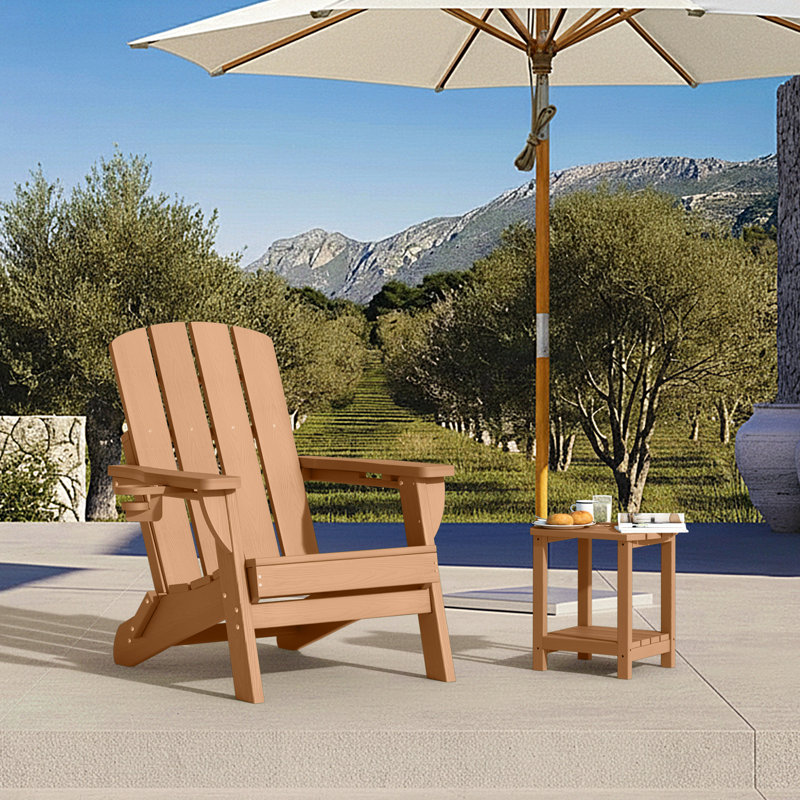  Folding Adirondack Chair Weather-Resistant HDPE Outdoor Fire Pit Chair With 2 Cup Holder, Teak