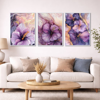 Purple and Gold Echo of Hibiscus – Hibiscus Wall Art Set of 3