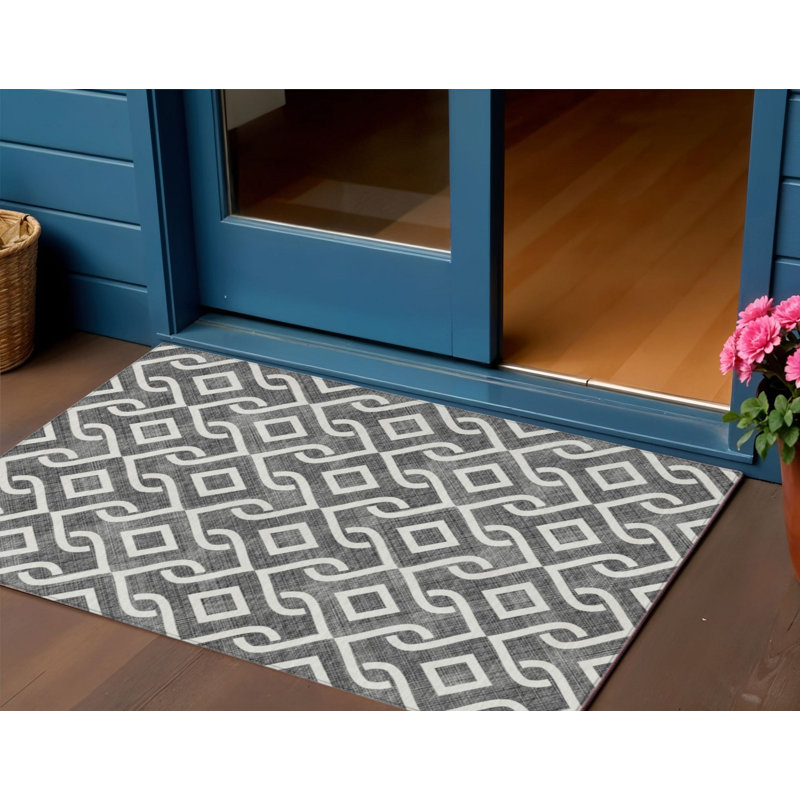3' X 5' Ivory Geometric Washable Indoor Outdoor Area Rug