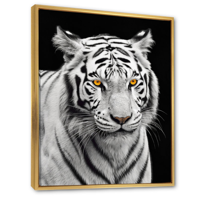 Tigre blanc féroce IV - reproduction sur toile, H 32 po x l 16 po x P 1 po, Cadre flottant doré