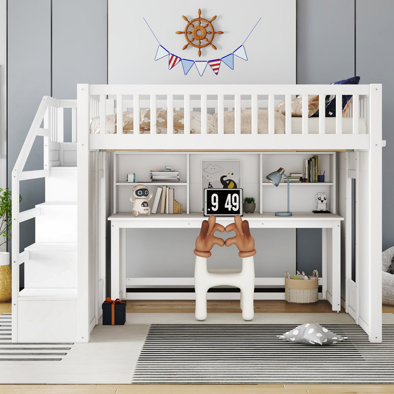 Lit mezzanine double en bois massif avec bureau mobile et tablettes, Complète, Blanc