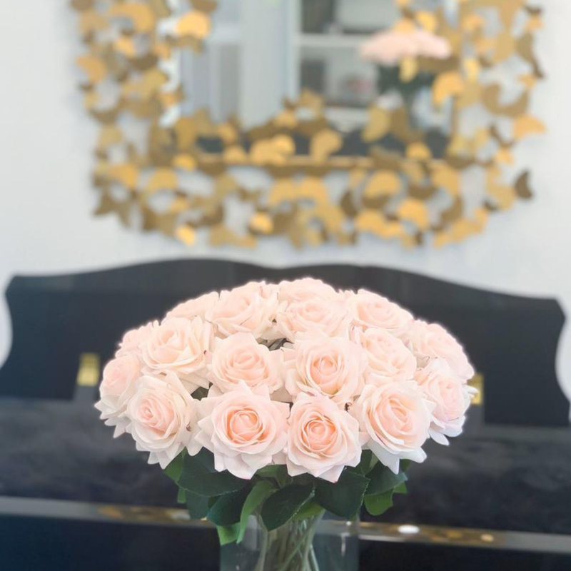 13" Medium Rose Real Touch Arrangement In Glass Vase, 14" H x 13" W x 13" D