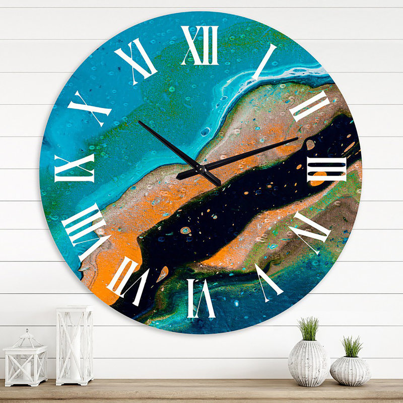 Composition abstraite de marbre en bleu et orange II - horloge murale moderne, Grand