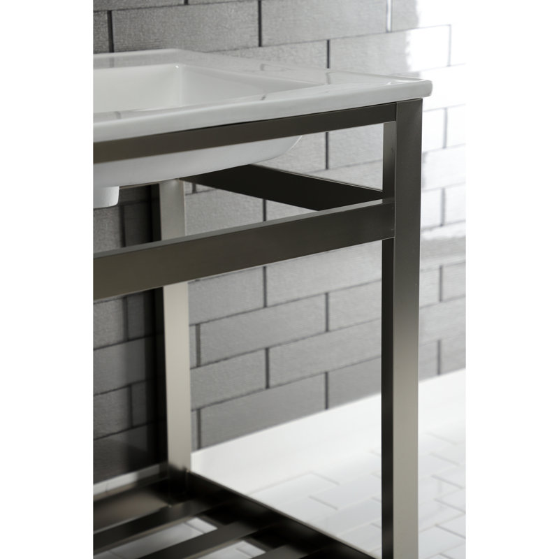 Kingston Brass Quadras 25-Inch Ceramic Console Sink with Stainless Steel Base and Shelf, White/Chrome, Single