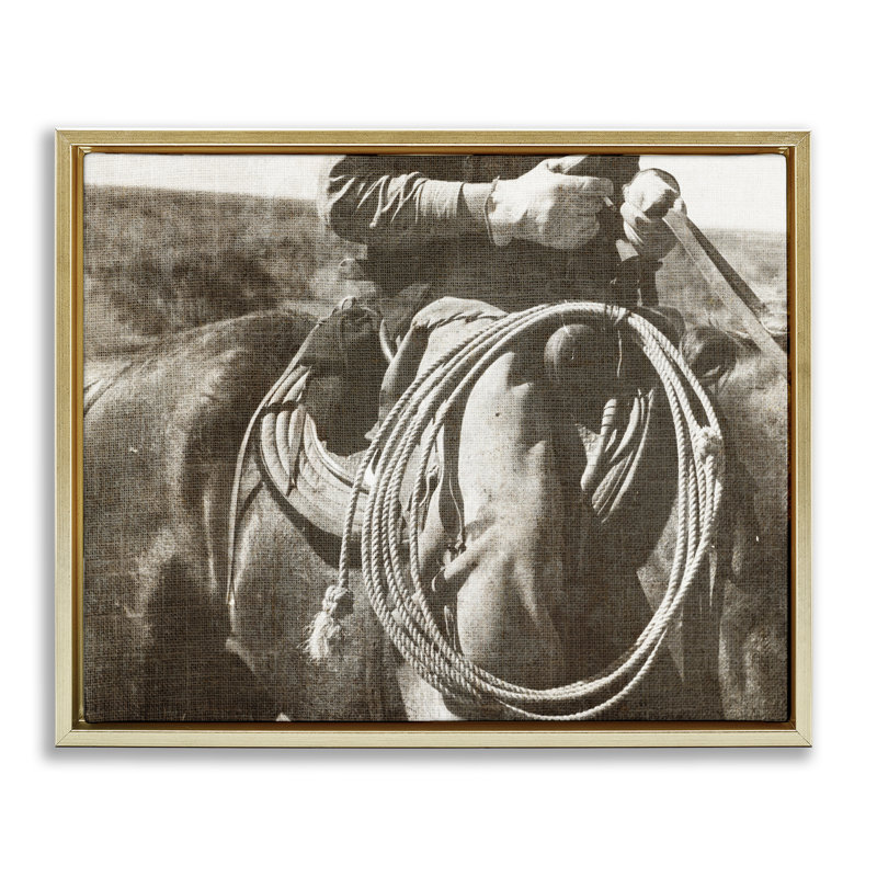 «Cowboy with Lasso», art mural encadré sur toile flottante par RileyB, Cadre flottant métallique doré, 17" H x 21" W