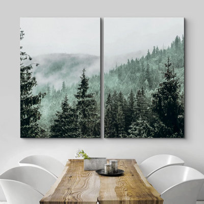 Misty Forest Landscape " Aerial View Green Mist Mountain Forest Nature Landscape Print Decor " 2 - Pieces