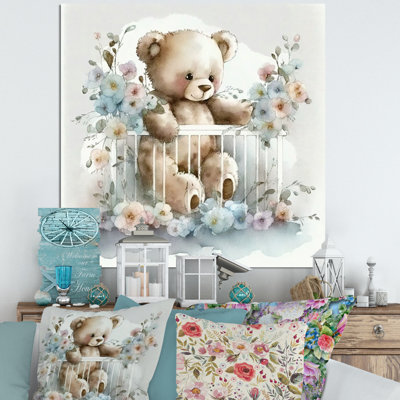 «Teddy Bear in Crib with Flowers II», reproduction sur toile