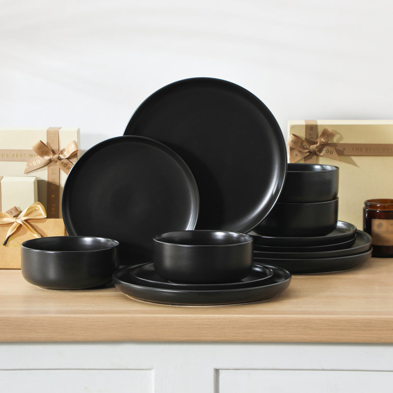 Piece Porcelain China Dinnerware Set - Service for 4, Black