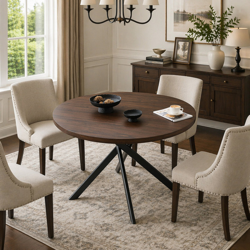 Table de salle à manger ronde pliable pour les petits espaces - Matériau en bois aggloméré, parfaite pour la salle à manger, le salon de thé et le café (noyer foncé, 1 table)