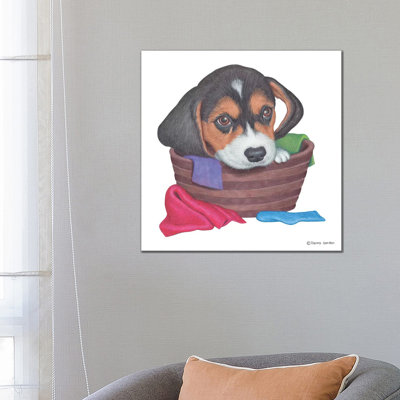 Beagle In Laundry Basket by Danny Gordon - No Frame Print on Canvas