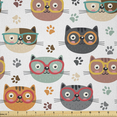 Dallyce Pattern with Playful Kitty Faces Wearing Eyeglasses among Pawprints For Pet Lovers Fabric