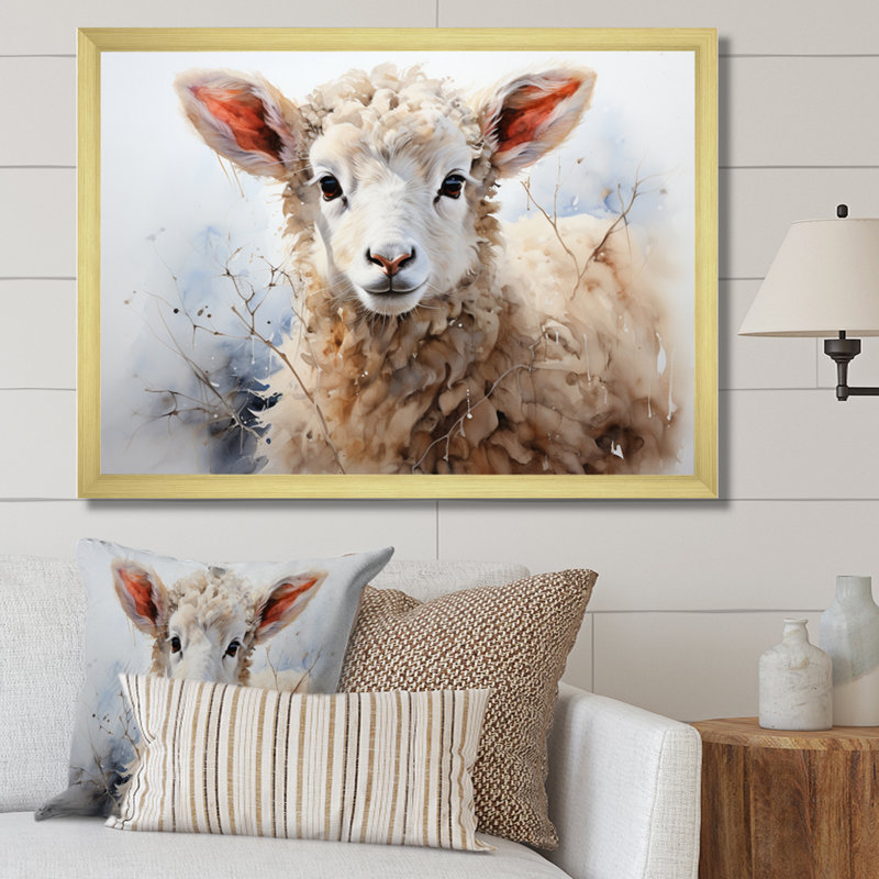 Mouton beige en hiver sur toile, Encadrement doré, H 24 po x l 32 po x P 1 po