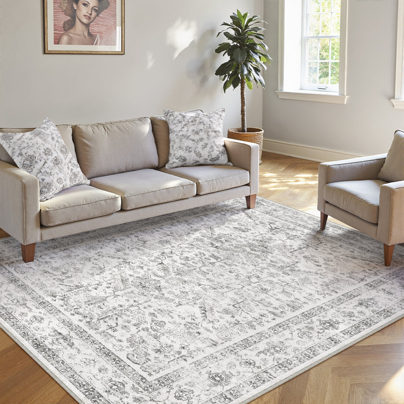 Stella Vintage Style Machine Washable Grey Area Rug With Non-Slip Backing, Rectangle 6' x 9'