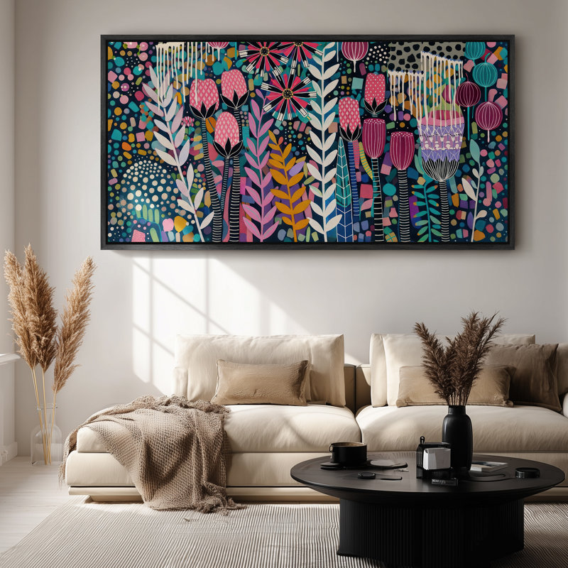 Framed Canvas Wall Art - Colorful Modern Floral Pattern with Playful Botanical Shapes - 16"x24", 24"x36", Black