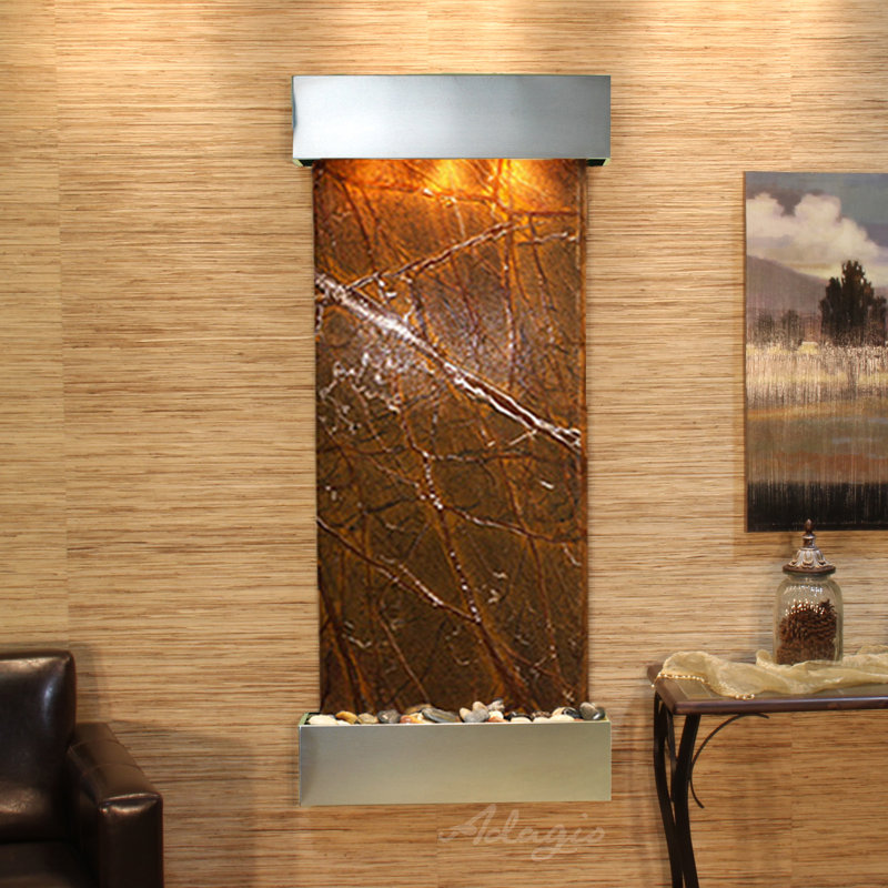Inspiration Falls Natural Stone Fountain with Light, Rainforest Brown Marble, Stainless Steel