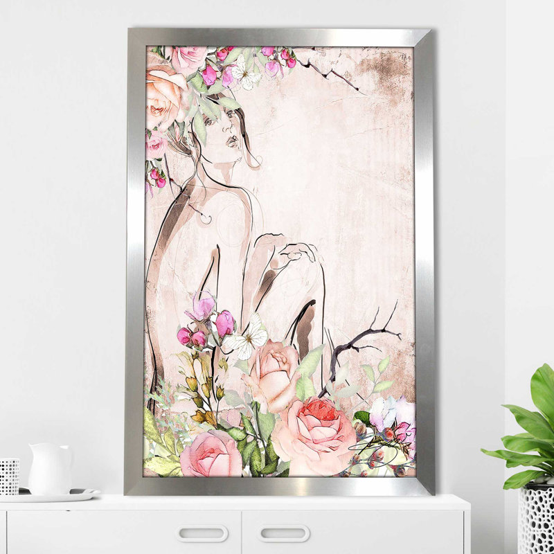 «Nude, Floral Garden (Vertical)» par Jodi - impression, Encadrement argenté, H 27,5 po x l 21,5 po x P 0,75 po