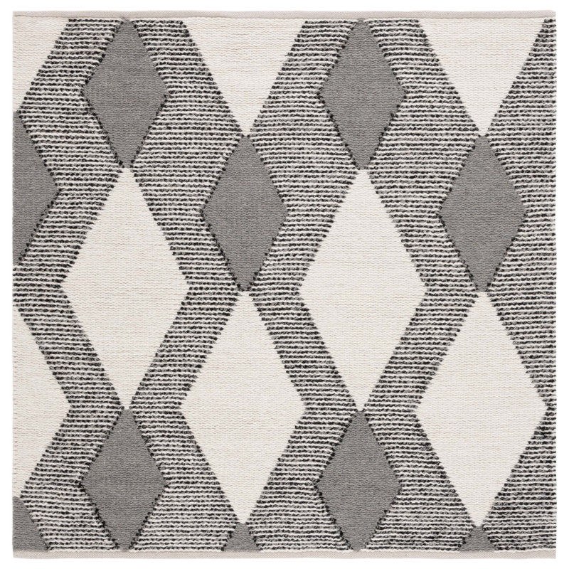 Charvik Geometric Handmade Area Rug in Ivory/Gray/White, Square 6'
