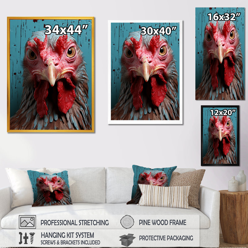 «Farmhouse Barn Rooster Portrait II», art animalier mural, Cadre doré simple, H 20 po x l 12 po x P 1 po