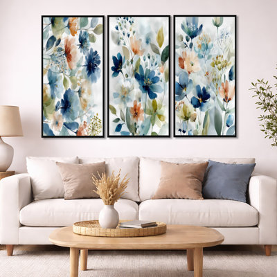 Aquarelle, bleu et orange, champs de fleurs sauvages en France - fleurs sauvages, art mural sur toile, ensemble de 3