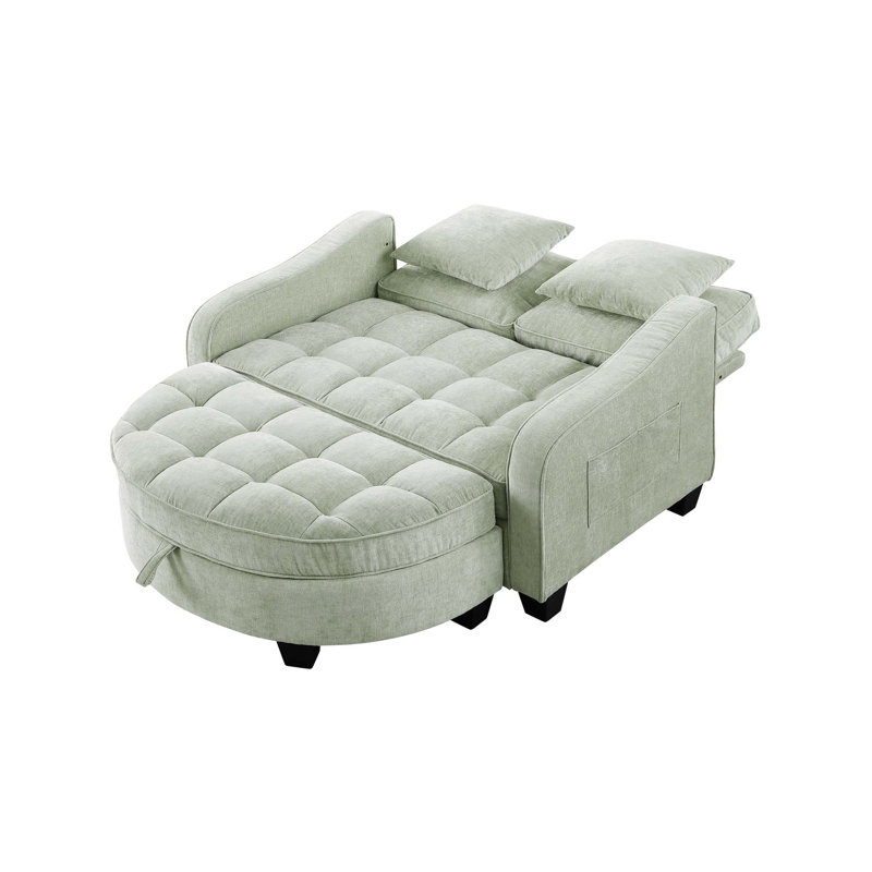 Canapé deux places, méridienne double, avec accoudoirs et dossiers irréguliers, repose-pieds avec espace de rangement, deux petits coussins décoratifs