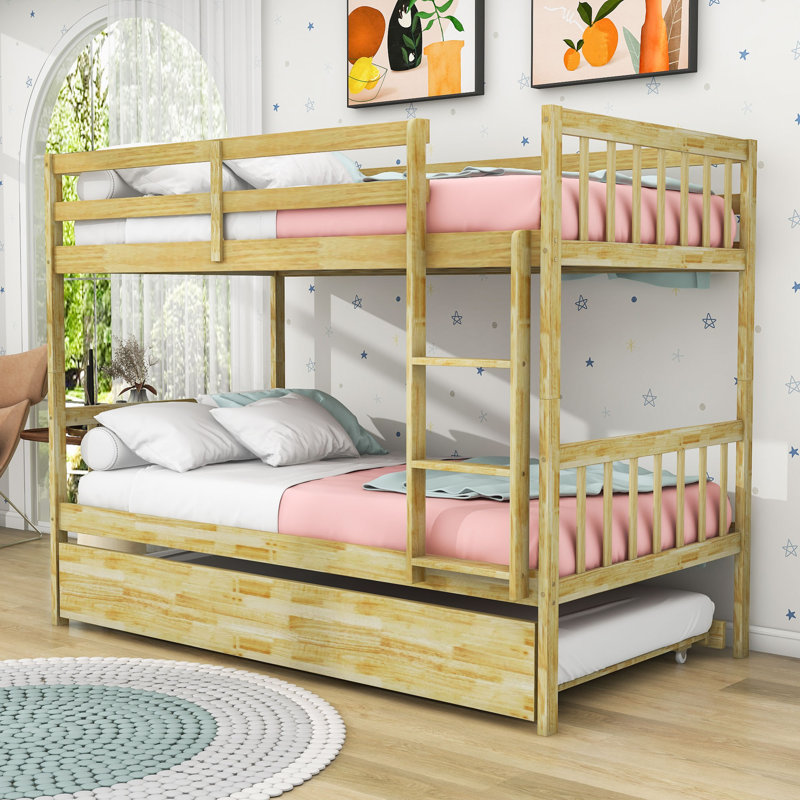 Kelula Twin Over Twin Wood Bunk Bed With Trundle And Safety Guardrails, Natural