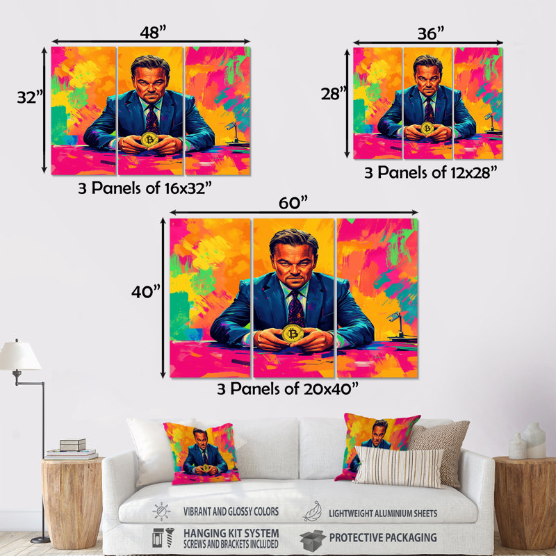 Ensemble de salon Popart Bitcoin Leonardo Dicaprio - loup de Wall Street, Métal métal, H 28 po x l 36 po x P 1 po