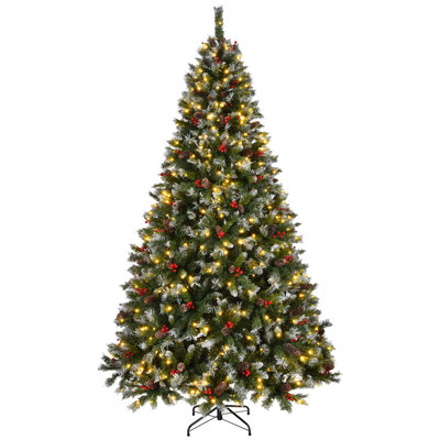 Pre-Lit Pre-Decorated  Artificial Flocked Christmas Trees with Lights, Pine Cones, Berries & Metal Base
