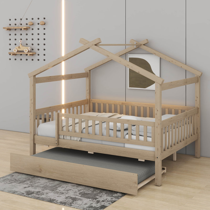  Lit en bois avec couchette, Naturel, Lit double