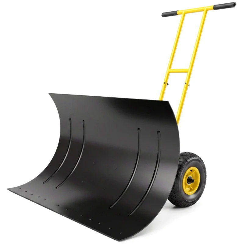 Yellow Wheeled Snow Pusher with 29.1 Inch Steel Blade and 7 Position Angle Adjustment, Ergonomic Adjustable Handle for Outdoor Driveway Snow Clearing